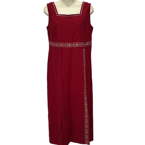 White Stag Womens Maxi Dress Red Linen Size M Embroidered Square Neck Sleeveless - Picture 1 of 7
